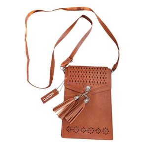 NWOT seOSTO Womens Small Crossbody Bag Phone Pouch Tassel Wallet Purse Caramel